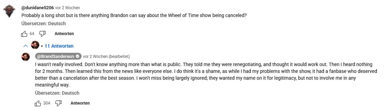 Screenshot aus der Kommentar-Sektion von Brandon Sandersons YouTube-Kanal