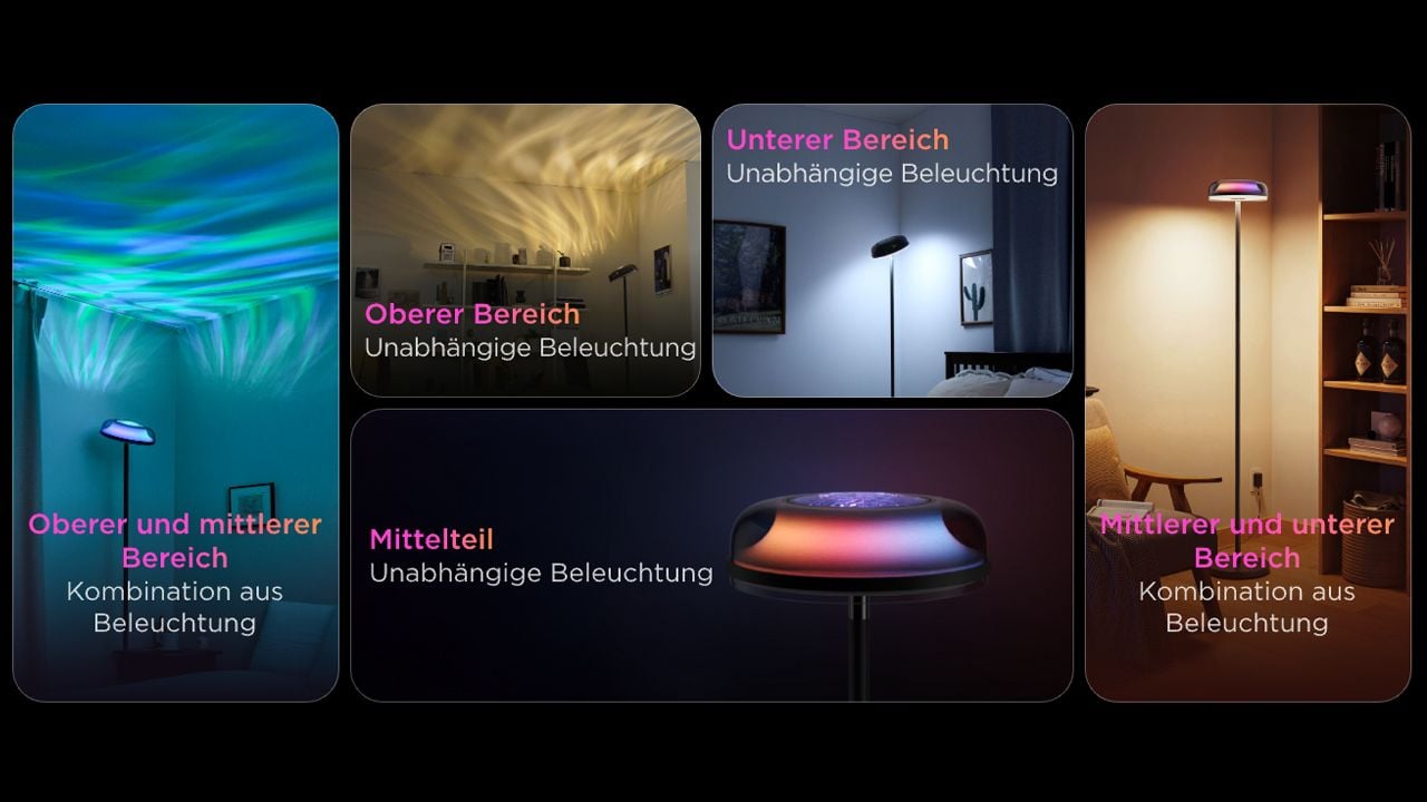 Alle drei Elemente der Lampe können unabhängig voneinander oder gemischt aktiviert werden.