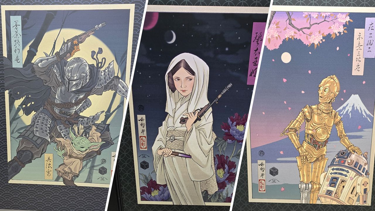 Auf der Star Wars Celebration 2025 wurde die Verbindung zu Japan in über zwei dutzend T-Shirt- und Poster-Motiven wie den obigen drei gefeiert.