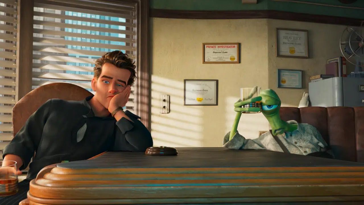 Detektiv Ray Gunn (hier mit Alien-Sidekick) steht im Mittelpunkt des Sci-Fi-Films.