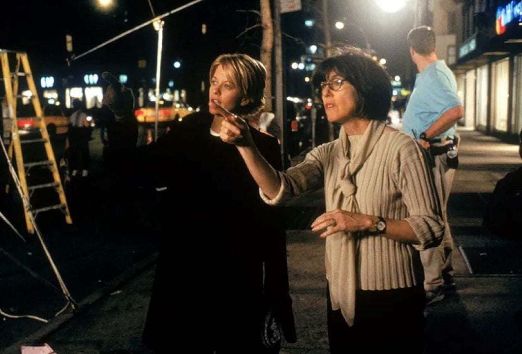 Meg Ryan and Nora Ephron on set.