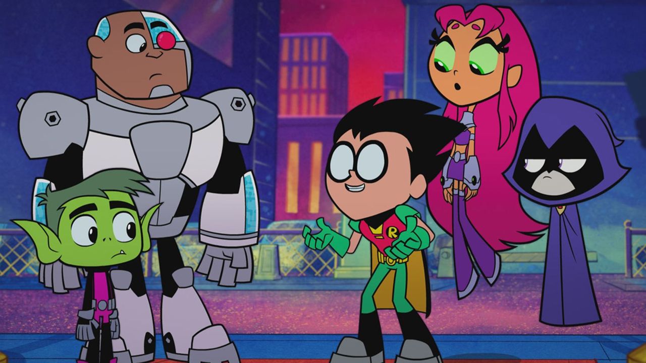 Beast Boy, Cyborg, Robin, Starfire und Raven in 