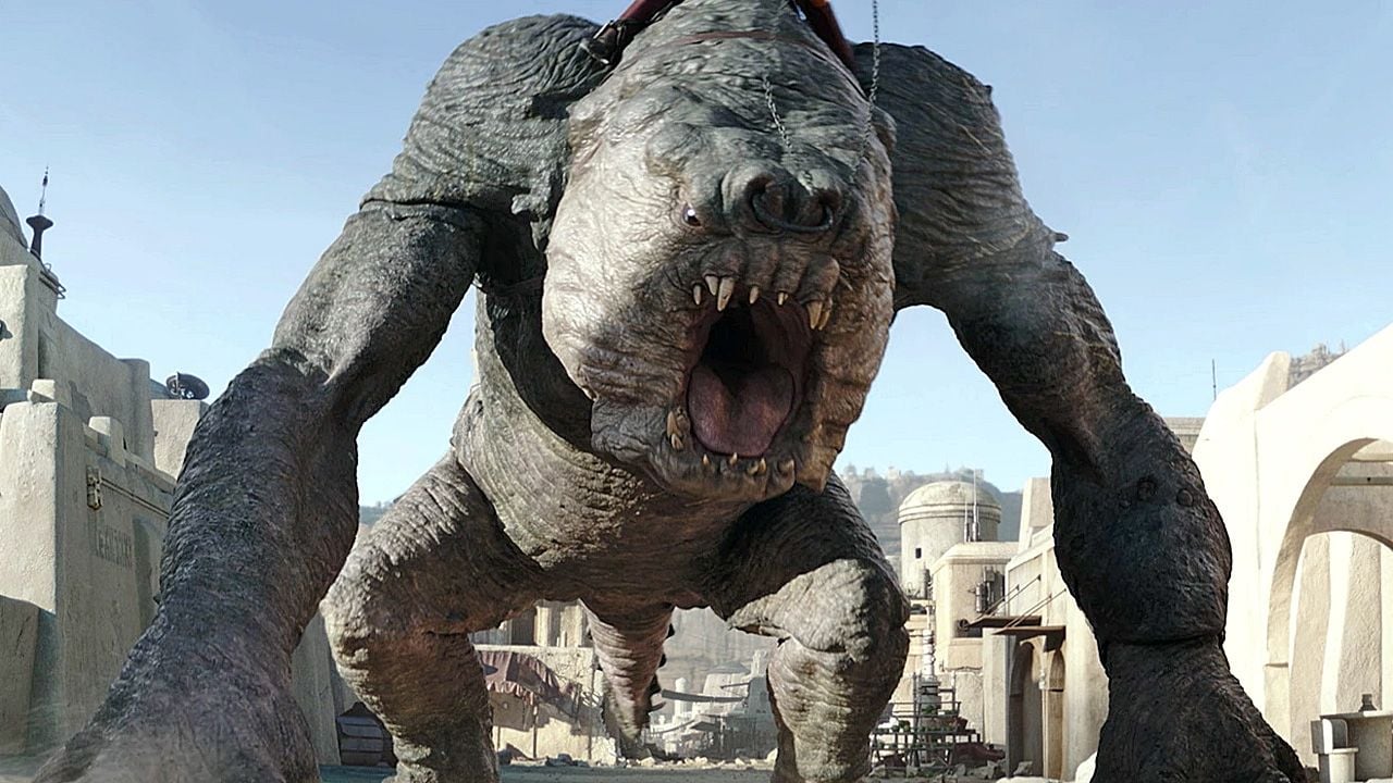 Besonders die Ähnlichkeit zwischen D-Rex und Rancor (hier in