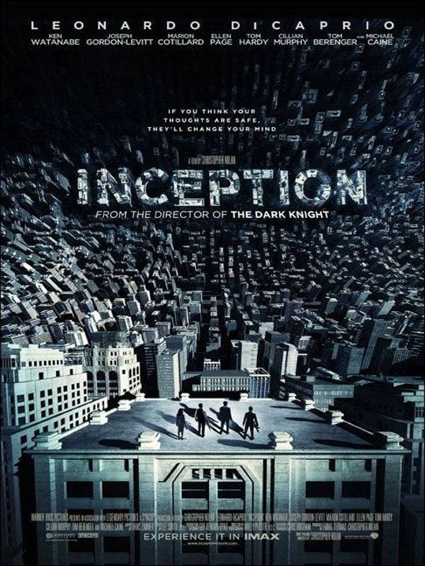 The Inception film poster, with Leonardo DiCaprio and the cast beneath a city folding above them.
