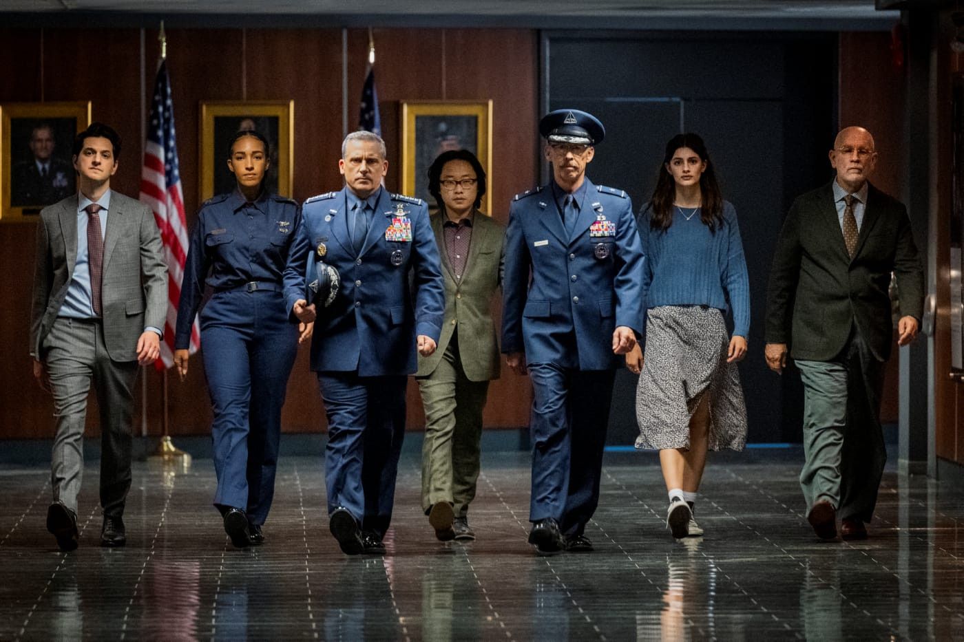 Space Force Bild Ben Schwartz, Don Lake, John Malkovich, Tawny Newsome, Steve Carell, Diana