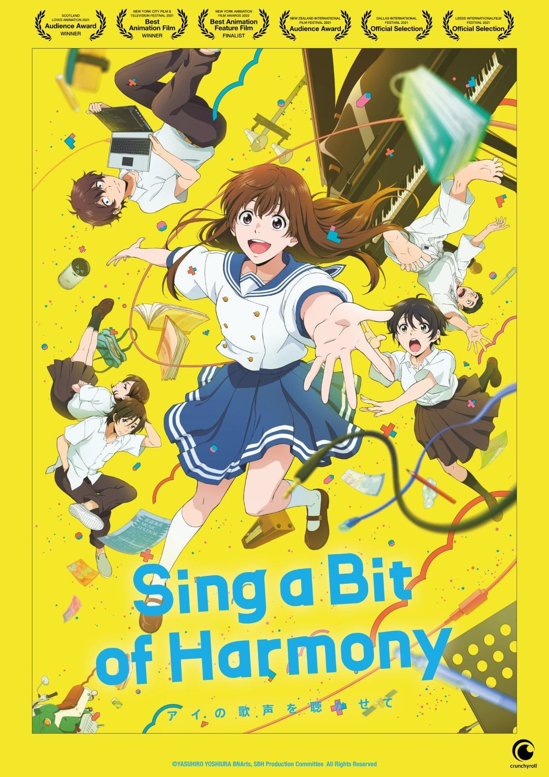 Bright yellow Sing a Bit of Harmony poster with a joyful schoolgirl and colourful objects floating around her