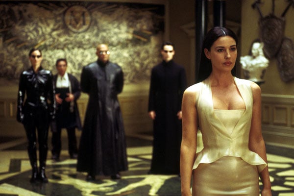 Matrix Reloaded : Bild Laurence Fishburne, Monica Bellucci, Carrie-Anne Moss, Randall Duk Kim, Keanu Reeves