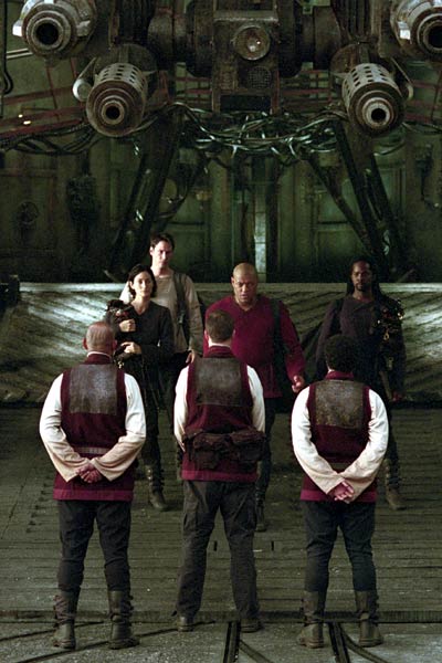 Matrix Reloaded : Bild Harold Perrineau, Laurence Fishburne, Carrie-Anne Moss, Keanu Reeves